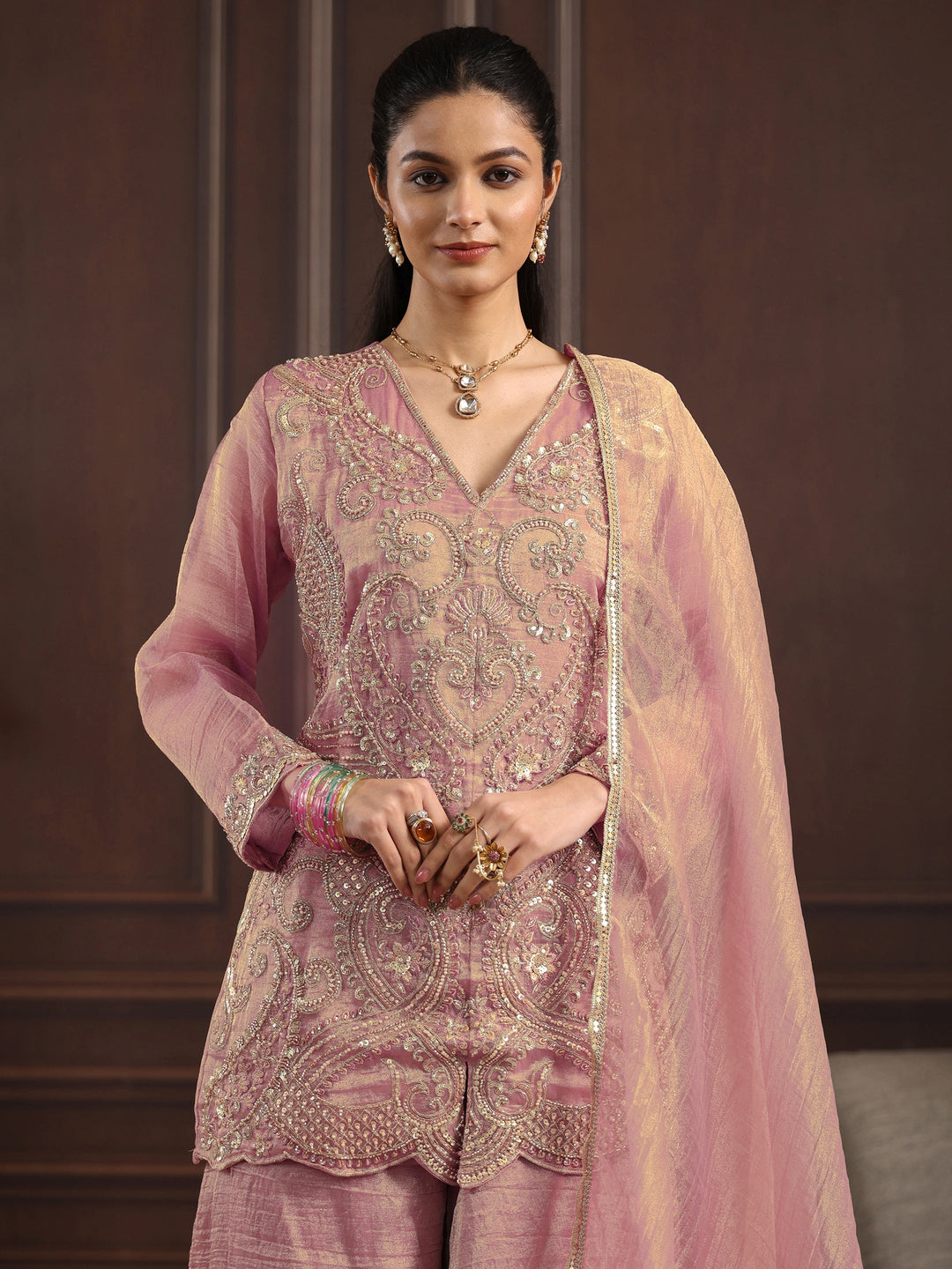Libas Art Pink Floral Embellished Tissue Palazzo Suit Set