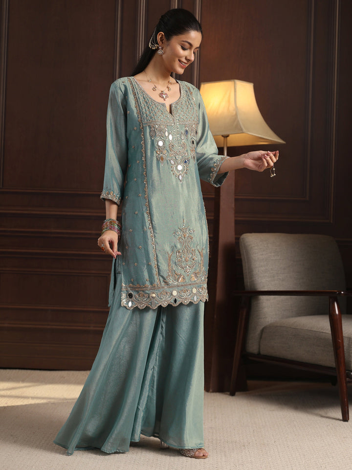 Libas  Blue Floral Embroidered Chinon Sharara Suit Set