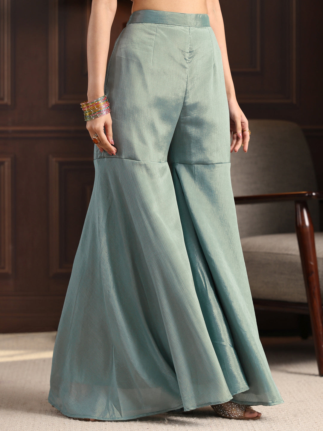Libas  Blue Floral Embroidered Chinon Sharara Suit Set