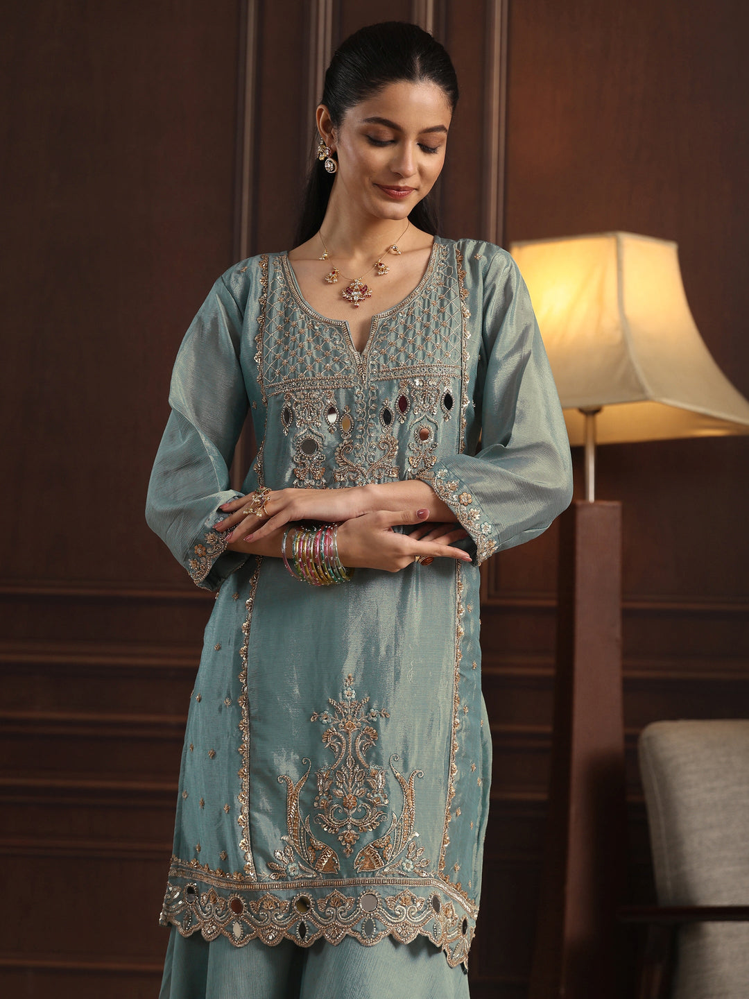 Libas  Blue Floral Embroidered Chinon Sharara Suit Set