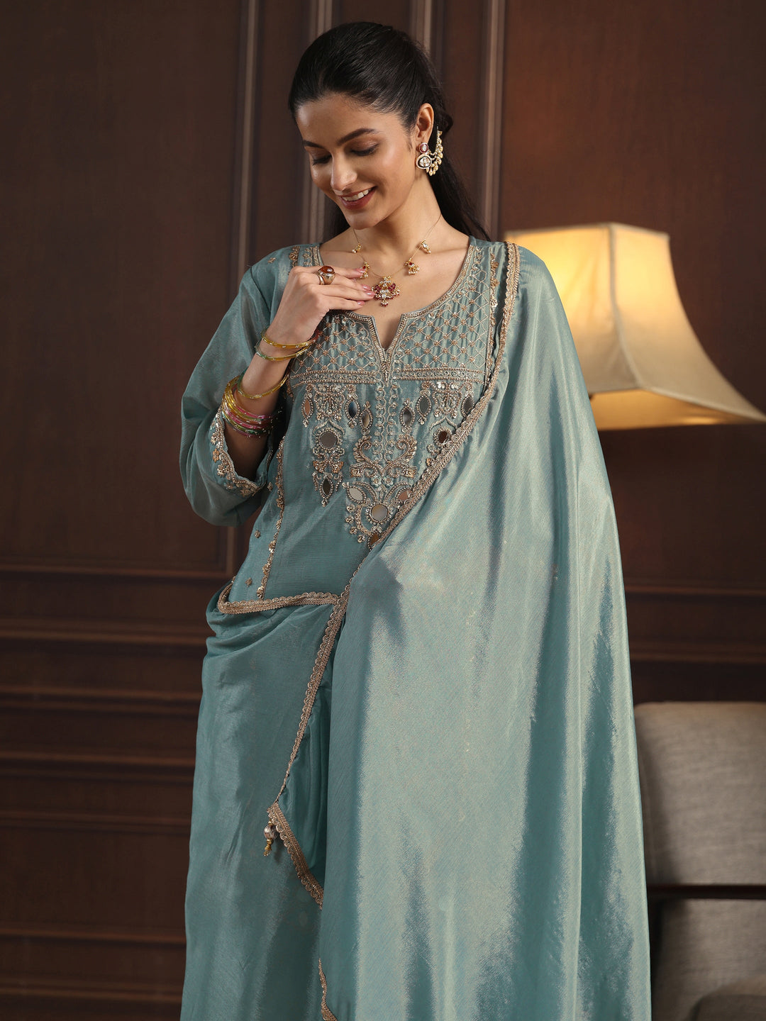 Libas  Blue Floral Embroidered Chinon Sharara Suit Set