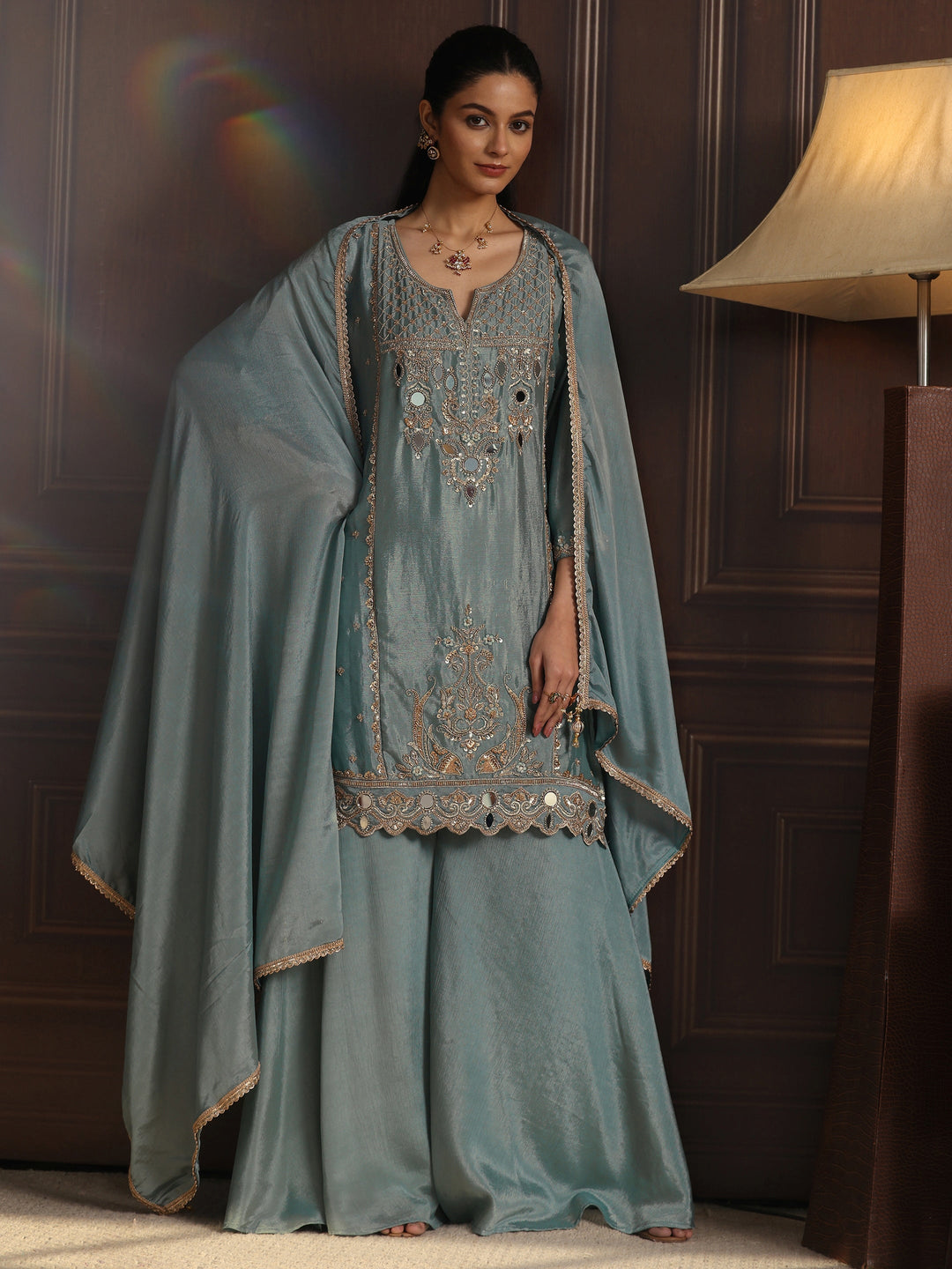 Libas  Blue Floral Embroidered Chinon Sharara Suit Set