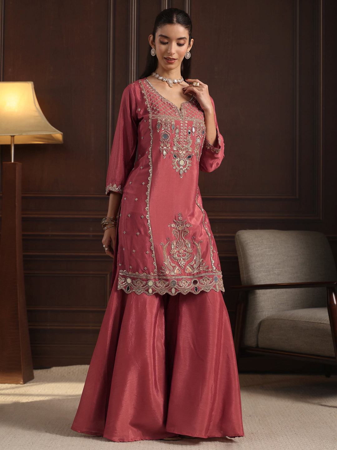 Libas Pink Floral Embroidered Chinon Sharara Suit Set