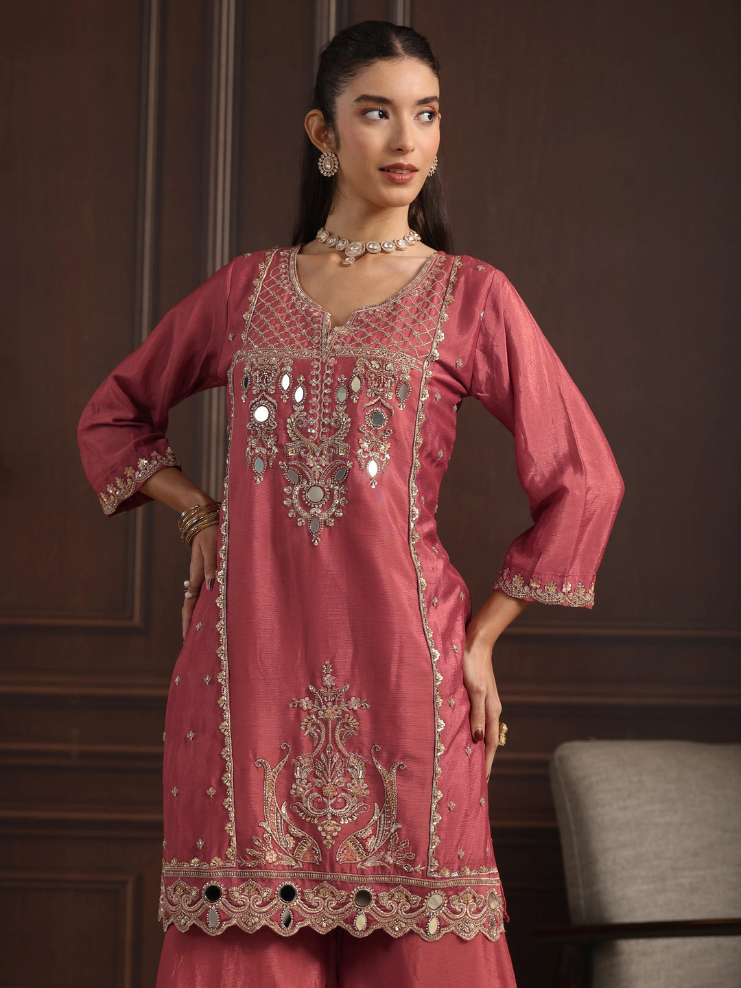 Libas Pink Floral Embroidered Chinon Sharara Suit Set