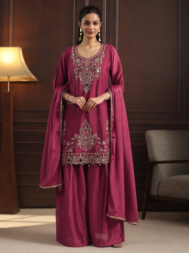 Libas Art Magenta Mirror Work Embellished Chinon Palazzo Suit Set