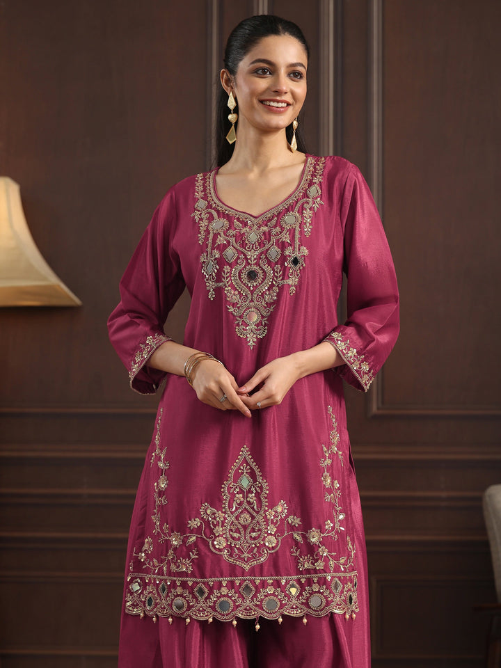 Libas Art Magenta Mirror Work Embellished Chinon Palazzo Suit Set