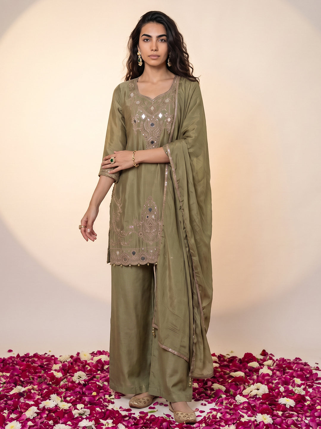 Libas Art Green Mirror Work Embellished Chinon Palazzo Suit Set