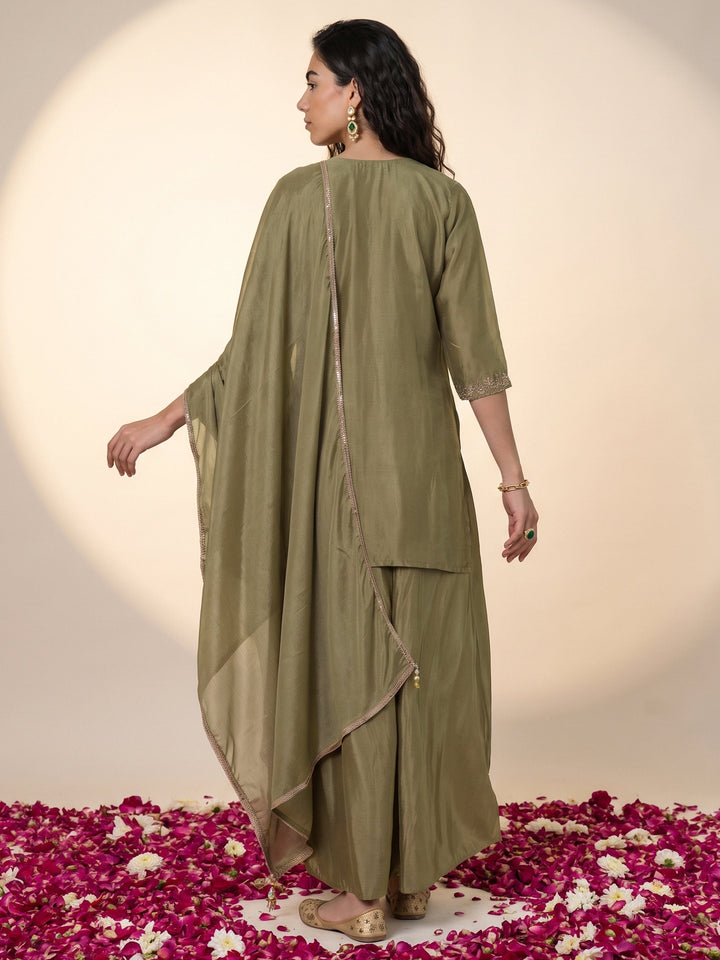 Libas Art Green Mirror Work Embellished Chinon Palazzo Suit Set