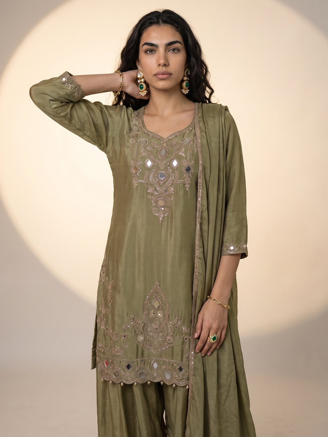 Libas Art Green Mirror Work Embellished Chinon Palazzo Suit Set