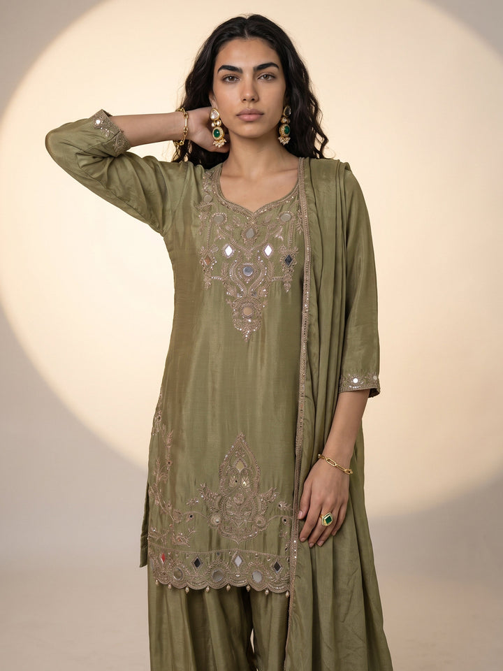 Libas Art Green Mirror Work Embellished Chinon Palazzo Suit Set