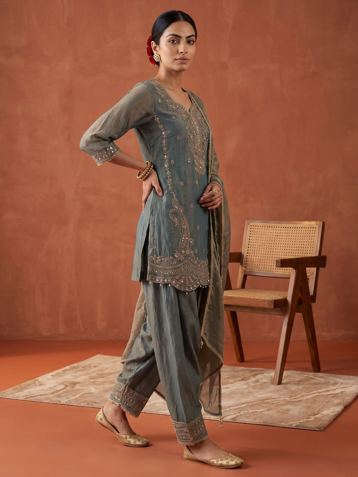 Libas Art Dusty Blue Embellished Tissue Farshi Salwar Suit Set