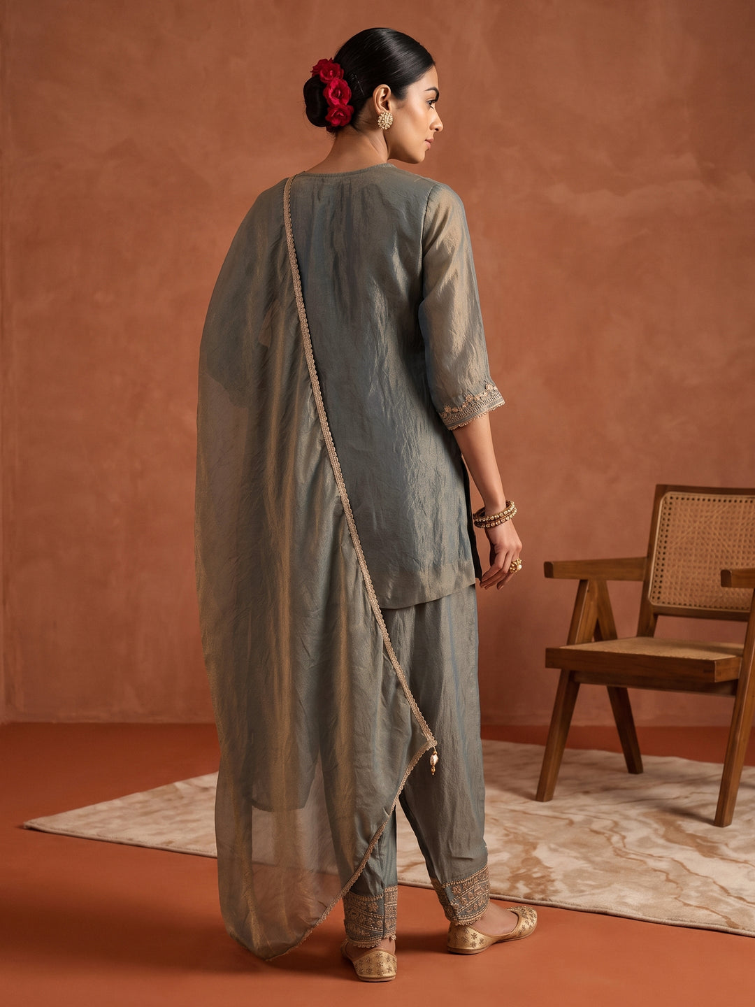 Libas Art Dusty Blue Embellished Tissue Farshi Salwar Suit Set