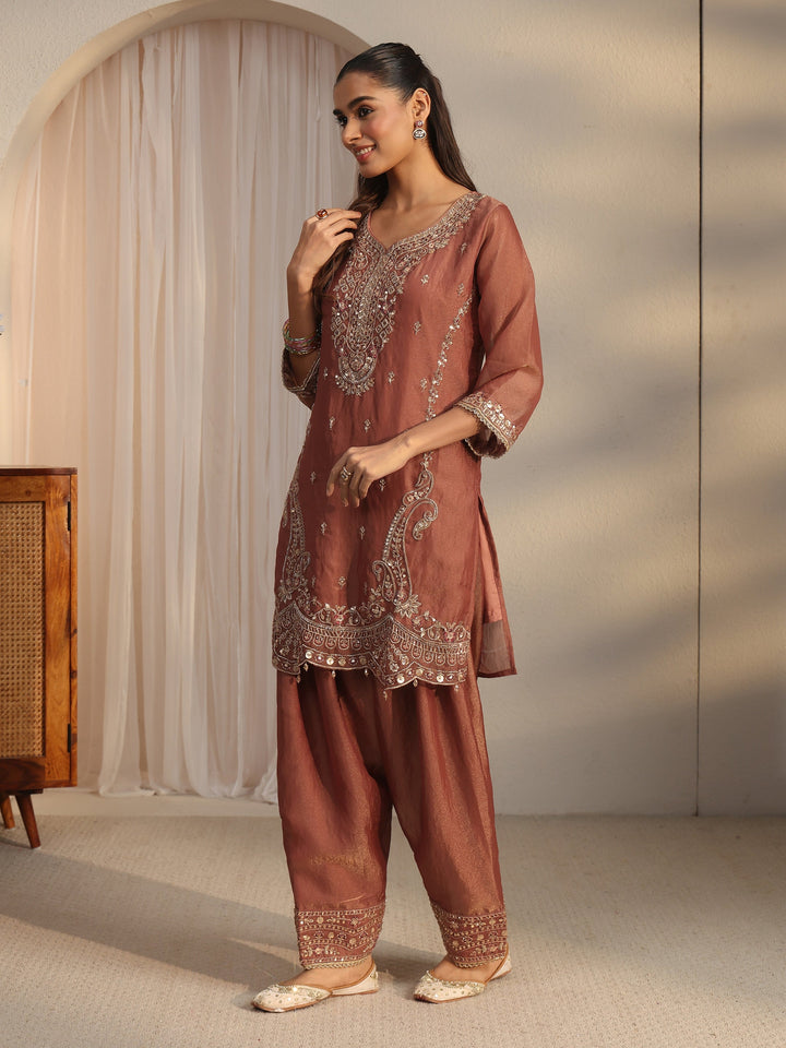 Libas Art Rust Brown Embellished Tissue Farshi Salwar Suit