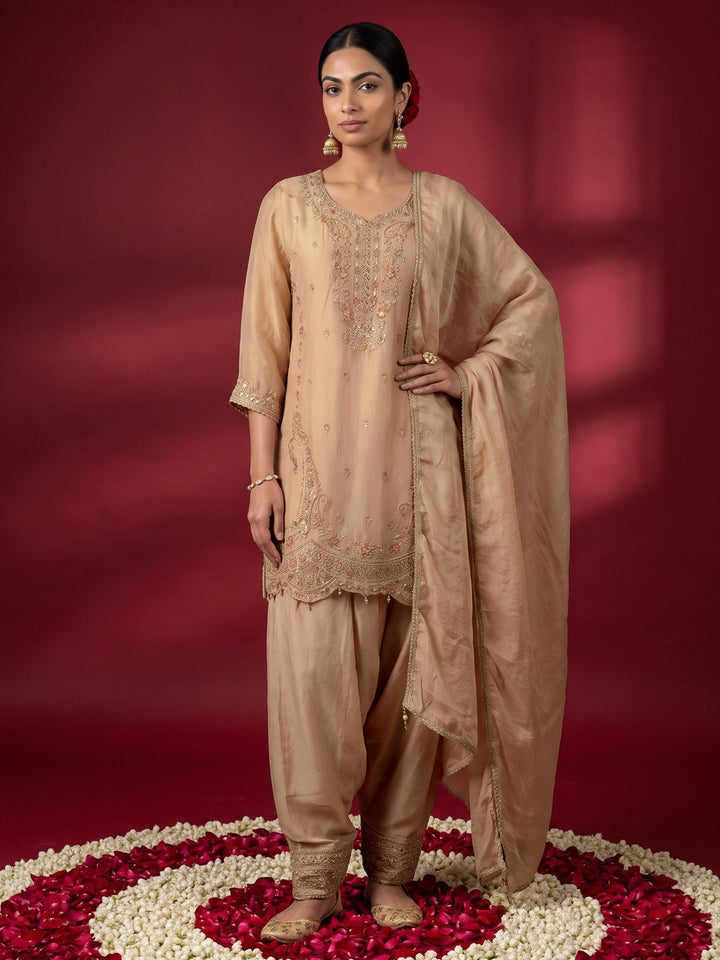 Libas Art Beige Embellished Tissue Farshi Salwar Suit Set
