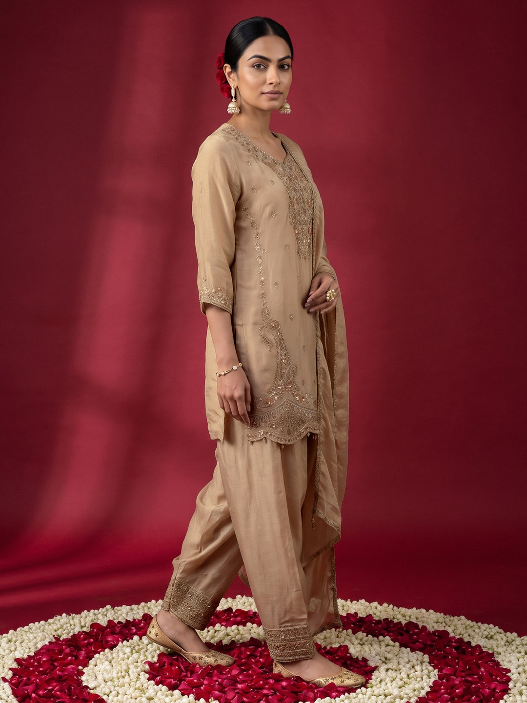 Libas Art Beige Embellished Tissue Farshi Salwar Suit Set
