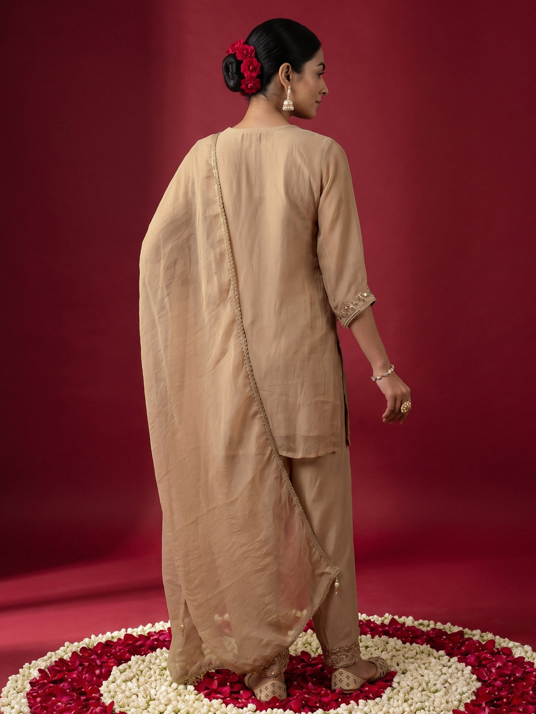 Libas Art Beige Embellished Tissue Farshi Salwar Suit Set
