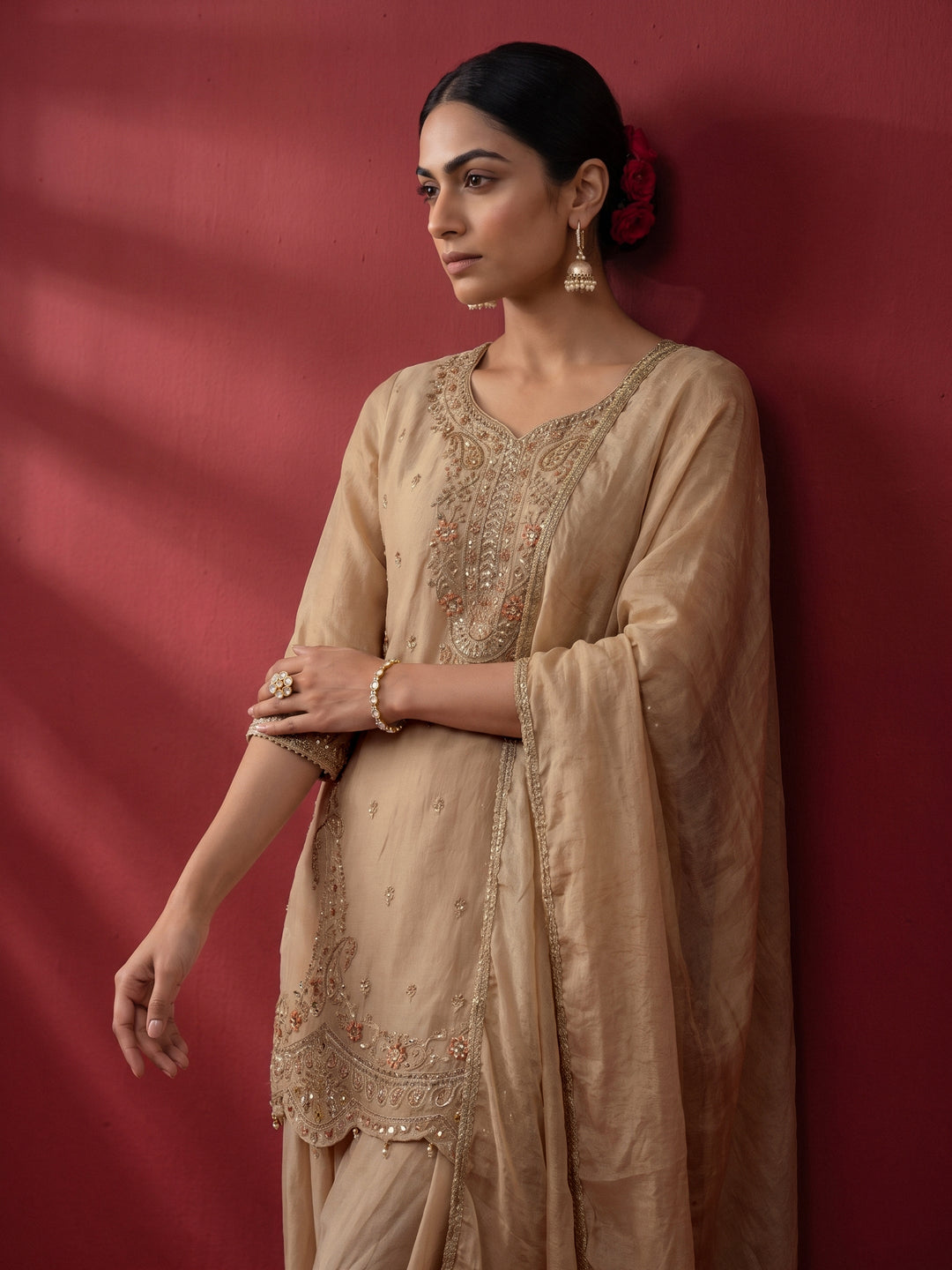 Libas Art Beige Embellished Tissue Farshi Salwar Suit Set