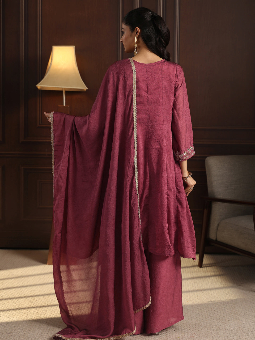 Libas Art Magenta Floral Embroidered Tissue Palazzo Suit Set