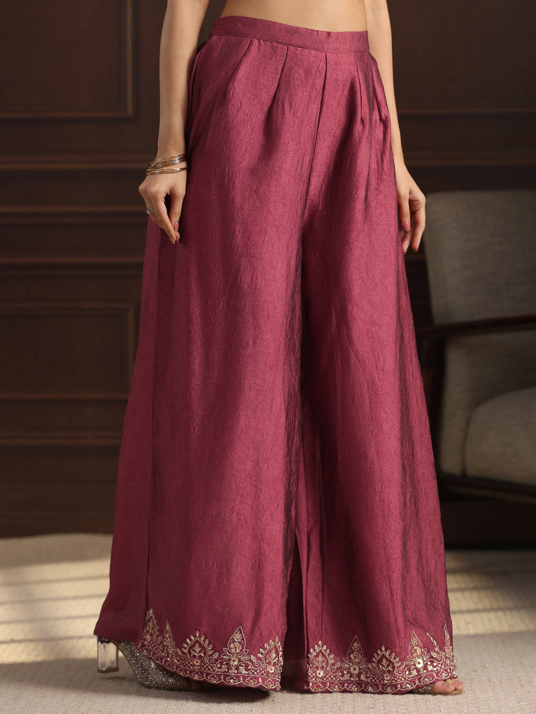 Libas Art Magenta Floral Embroidered Tissue Palazzo Suit Set