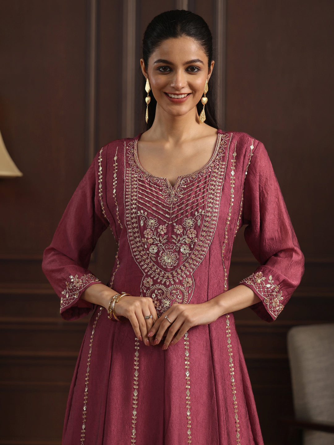 Libas Art Magenta Floral Embroidered Tissue Palazzo Suit Set