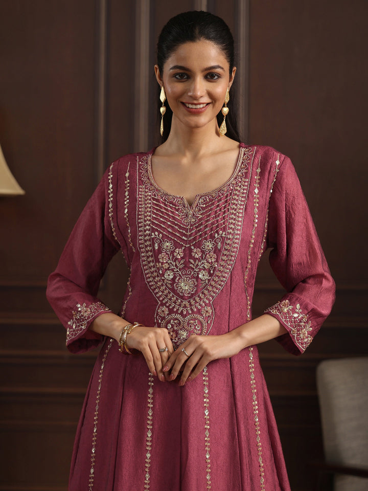 Libas Art Magenta Floral Embroidered Tissue Palazzo Suit Set