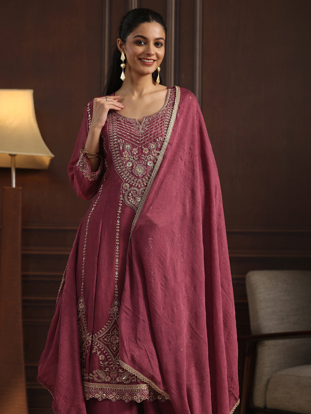 Libas Art Magenta Floral Embroidered Tissue Palazzo Suit Set