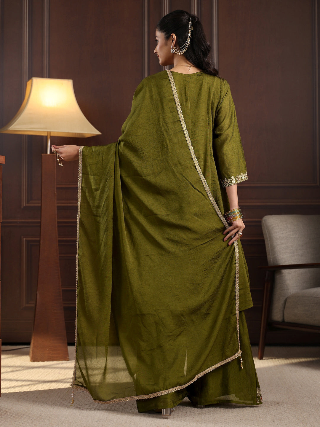 Libas Art Henna Green Floral Embroidered Silk Blend Palazzo Suit Set