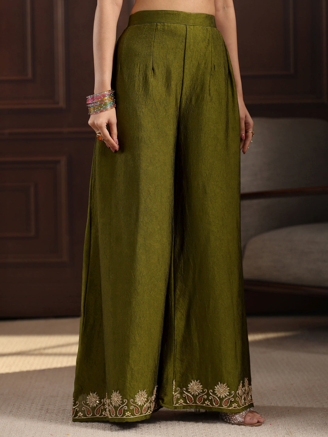 Libas Art Henna Green Floral Embroidered Silk Blend Palazzo Suit Set