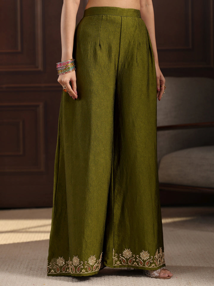 Libas Art Henna Green Floral Embroidered Silk Blend Palazzo Suit Set