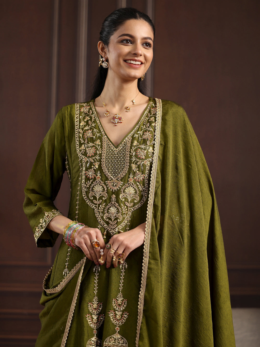 Libas Art Henna Green Floral Embroidered Silk Blend Palazzo Suit Set