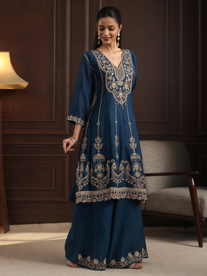 Libas Art Blue Floral Embroidered Silk Blend Palazzo Suit Set