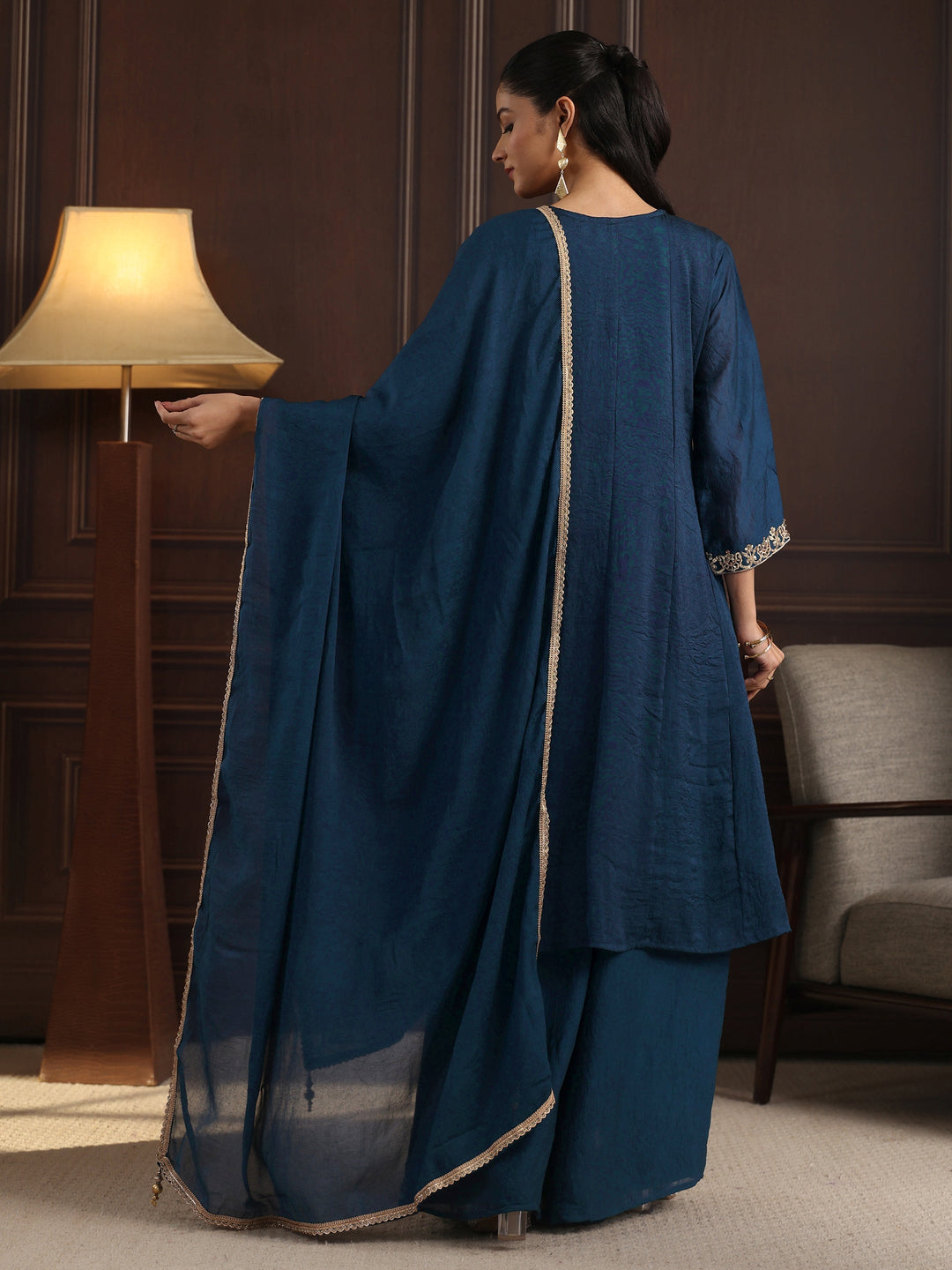 Libas Art Blue Floral Embroidered Silk Blend Palazzo Suit Set