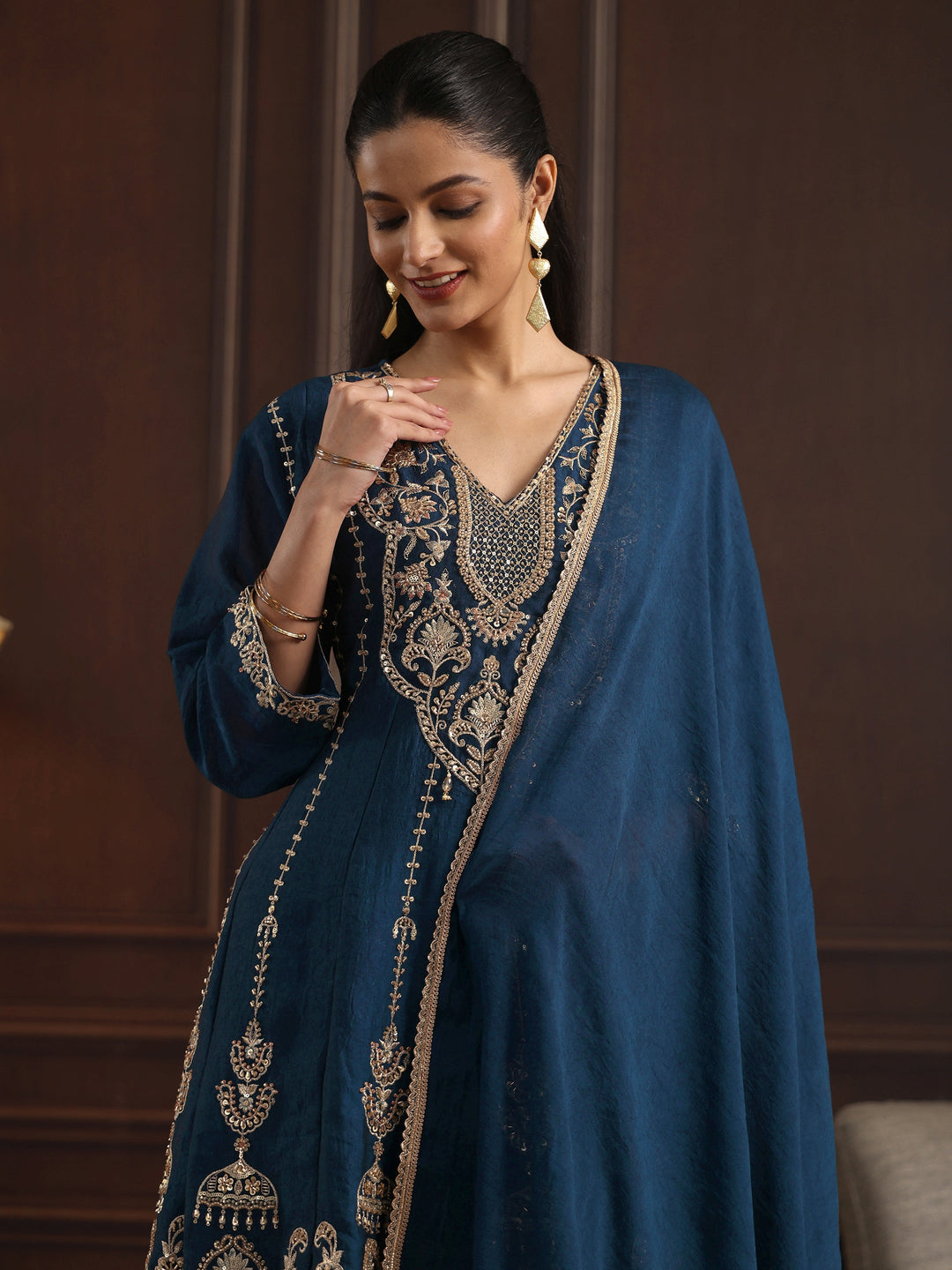 Libas Art Blue Floral Embroidered Silk Blend Palazzo Suit Set