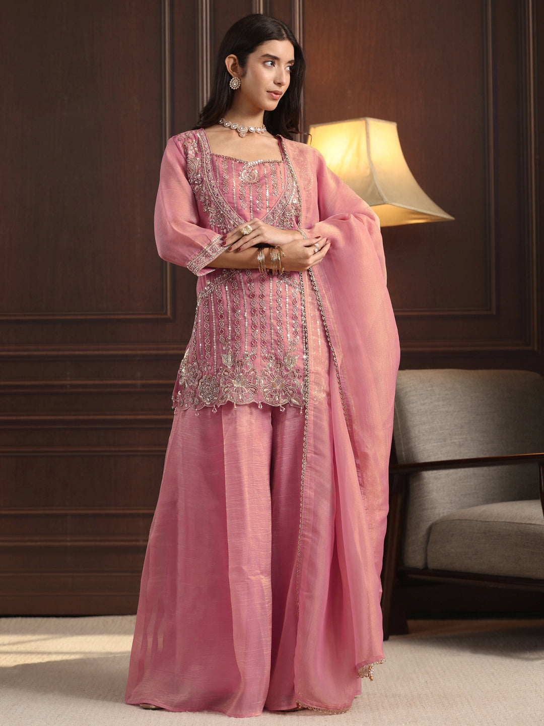 Libas Art Pink Sequin Embellished Tissue Palazzo Suit Set