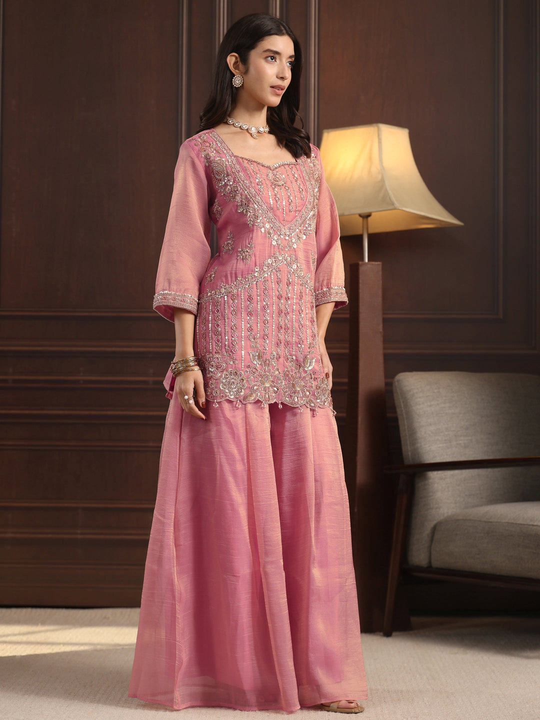 Libas Art Pink Sequin Embellished Tissue Palazzo Suit Set
