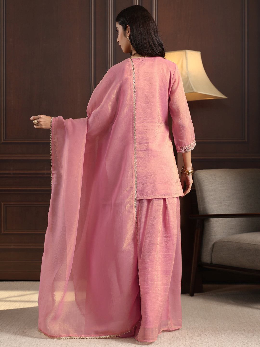Libas Art Pink Sequin Embellished Tissue Palazzo Suit Set