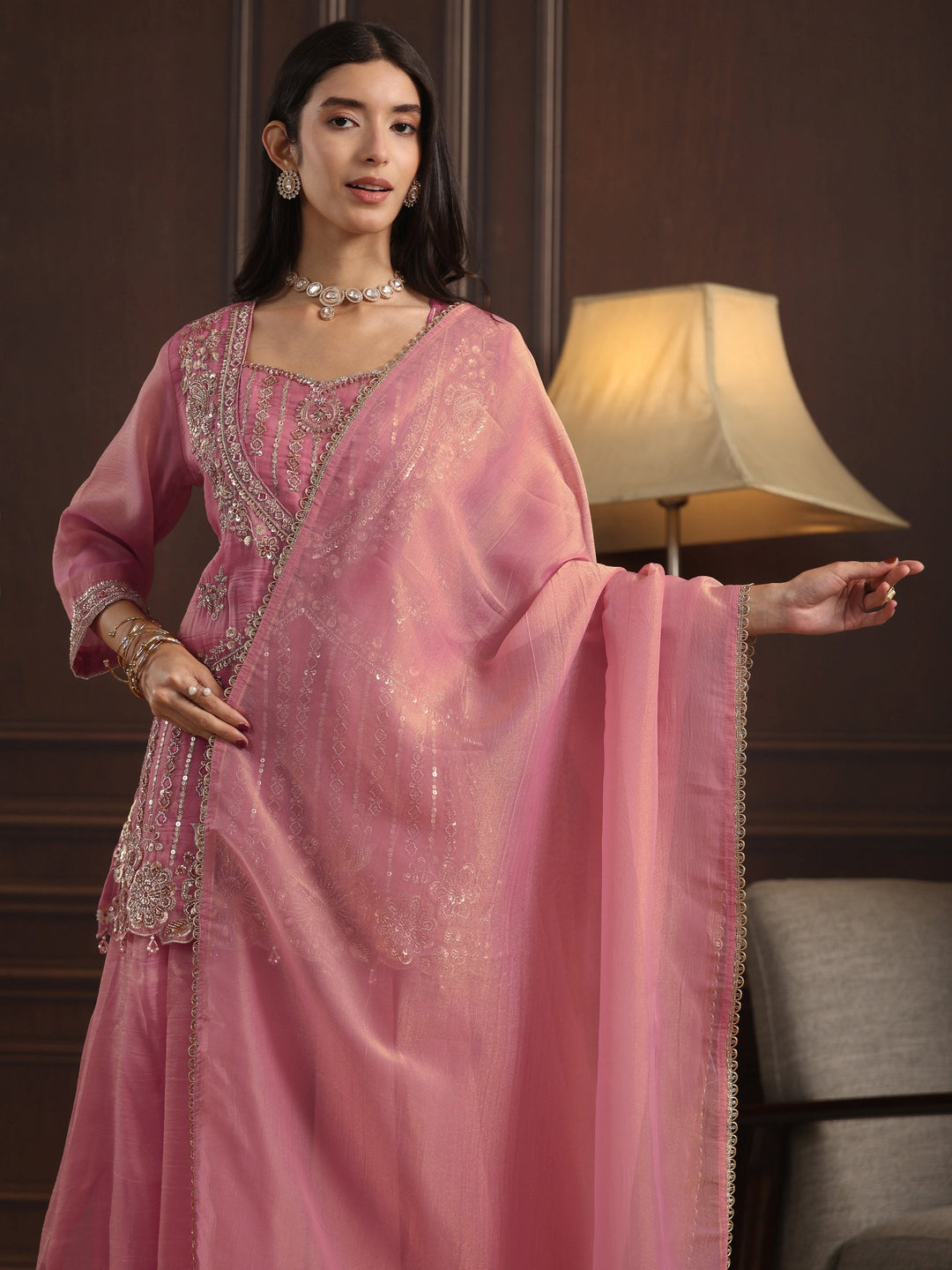 Libas Art Pink Sequin Embellished Tissue Palazzo Suit Set