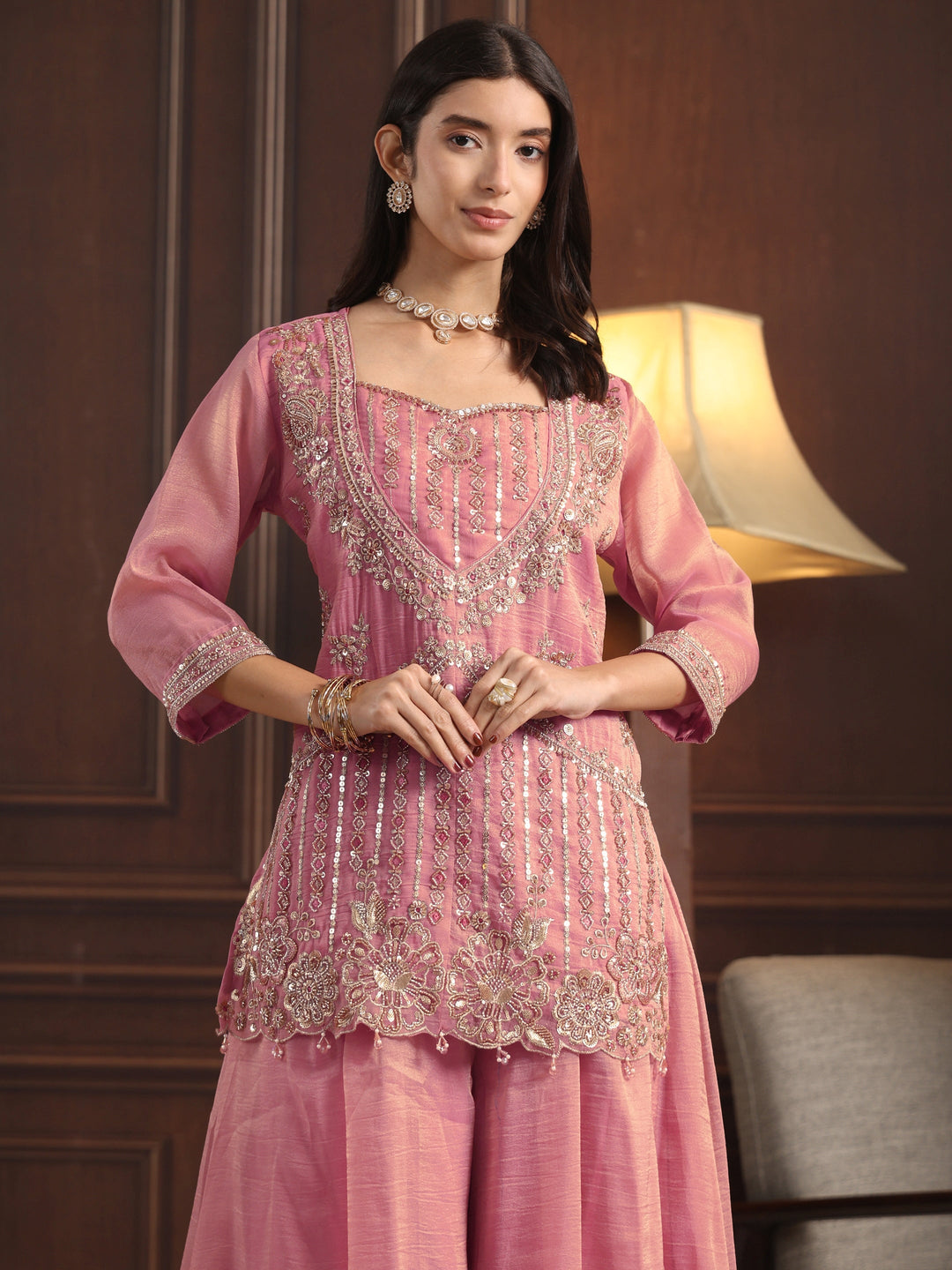 Libas Art Pink Sequin Embellished Tissue Palazzo Suit Set