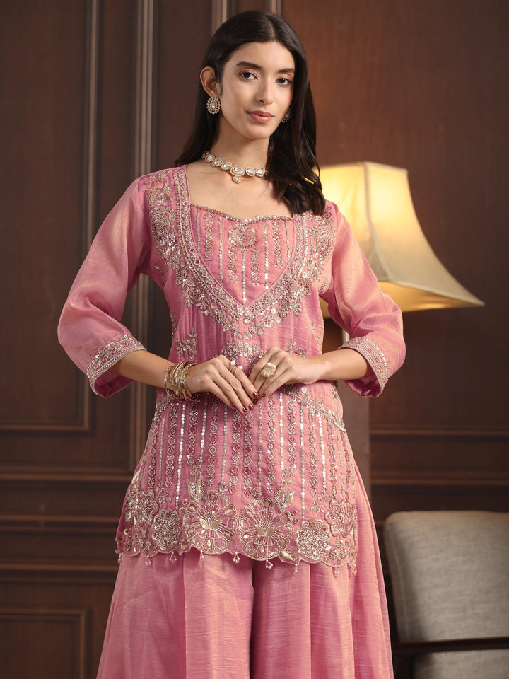 Libas Art Pink Sequin Embellished Tissue Palazzo Suit Set