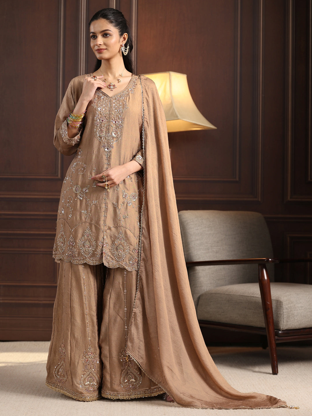 Libas Art Beige Floral Sequin Embellished Silk Blend Sharara Suit Set