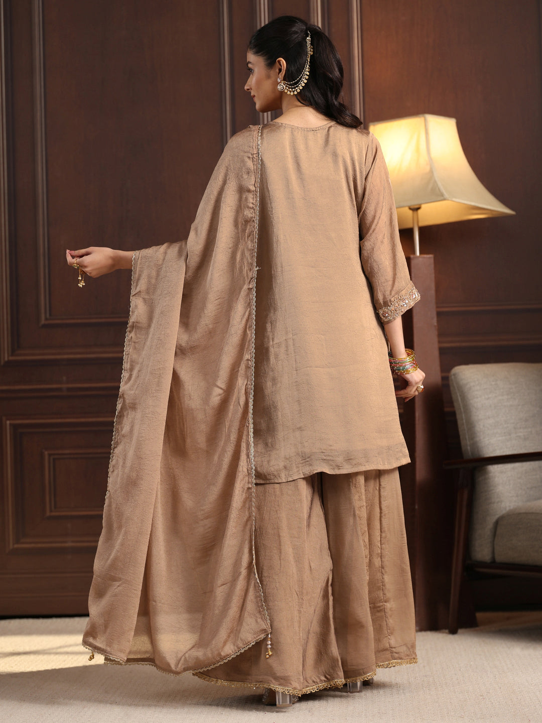 Libas Art Beige Floral Sequin Embellished Silk Blend Sharara Suit Set
