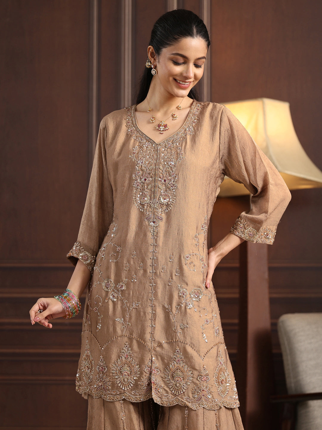Libas Art Beige Floral Sequin Embellished Silk Blend Sharara Suit Set
