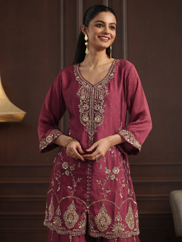 Libas Art Pink Floral Sequin Embellished Silk Blend Sharara Suit Set