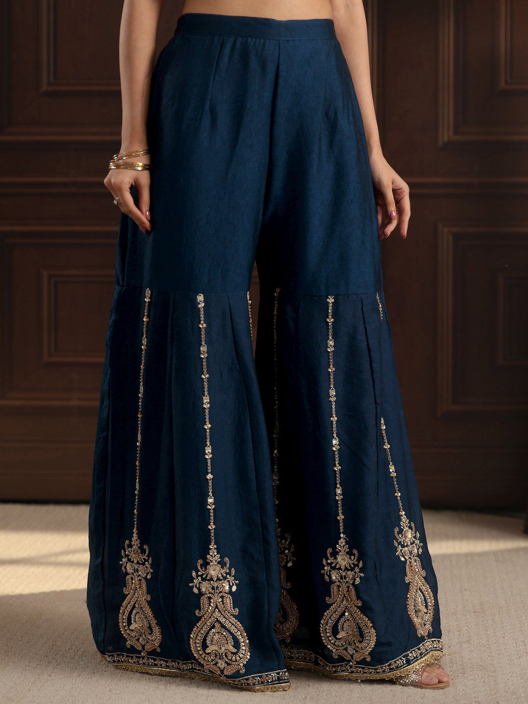 Libas Art Blue Floral Sequin Embellished Silk Blend Sharara Suit Set
