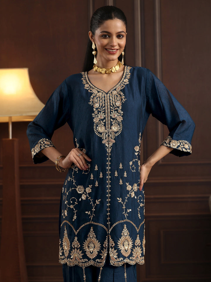 Libas Art Blue Floral Sequin Embellished Silk Blend Sharara Suit Set