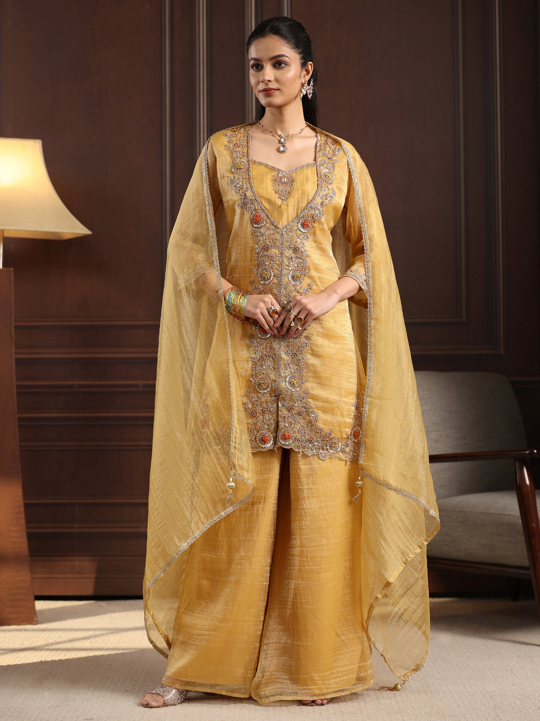 Libas Art Yellow Floral Embroidered Tissue Palazzo Suit Set