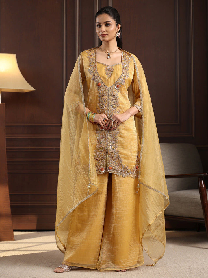 Libas Art Yellow Floral Embroidered Tissue Palazzo Suit Set