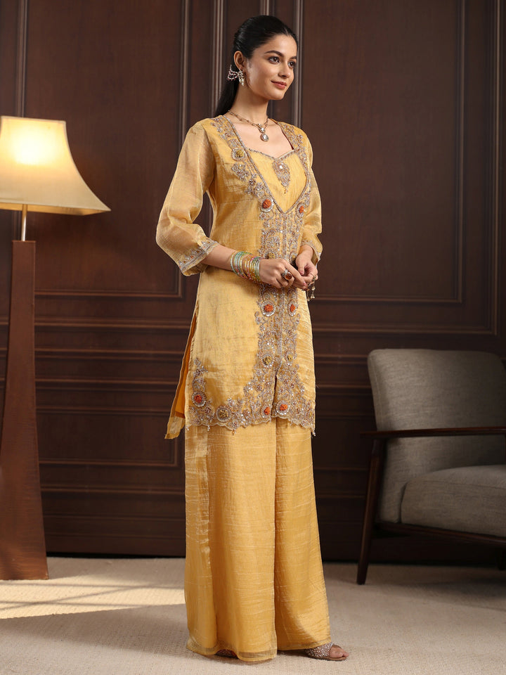 Libas Art Yellow Floral Embroidered Tissue Palazzo Suit Set