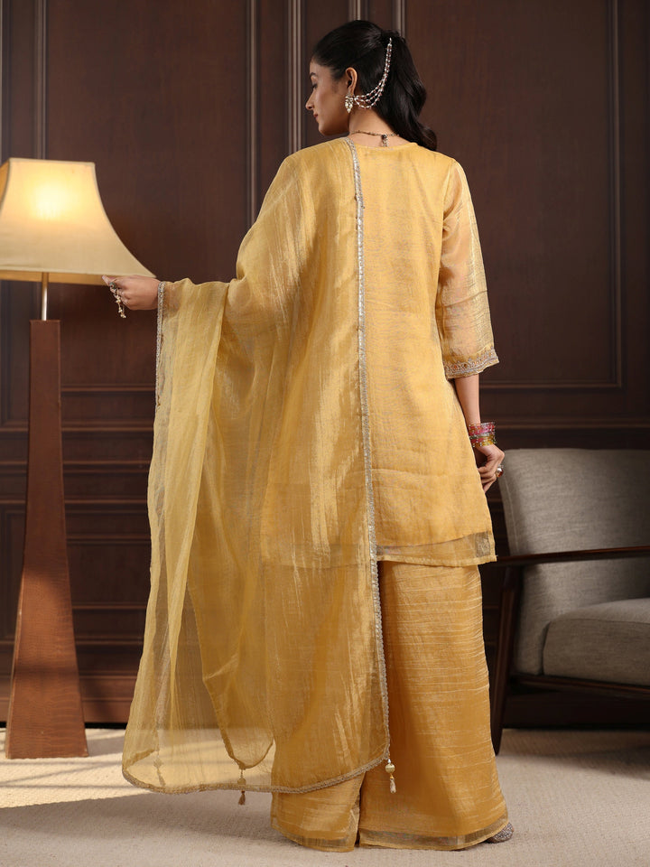 Libas Art Yellow Floral Embroidered Tissue Palazzo Suit Set