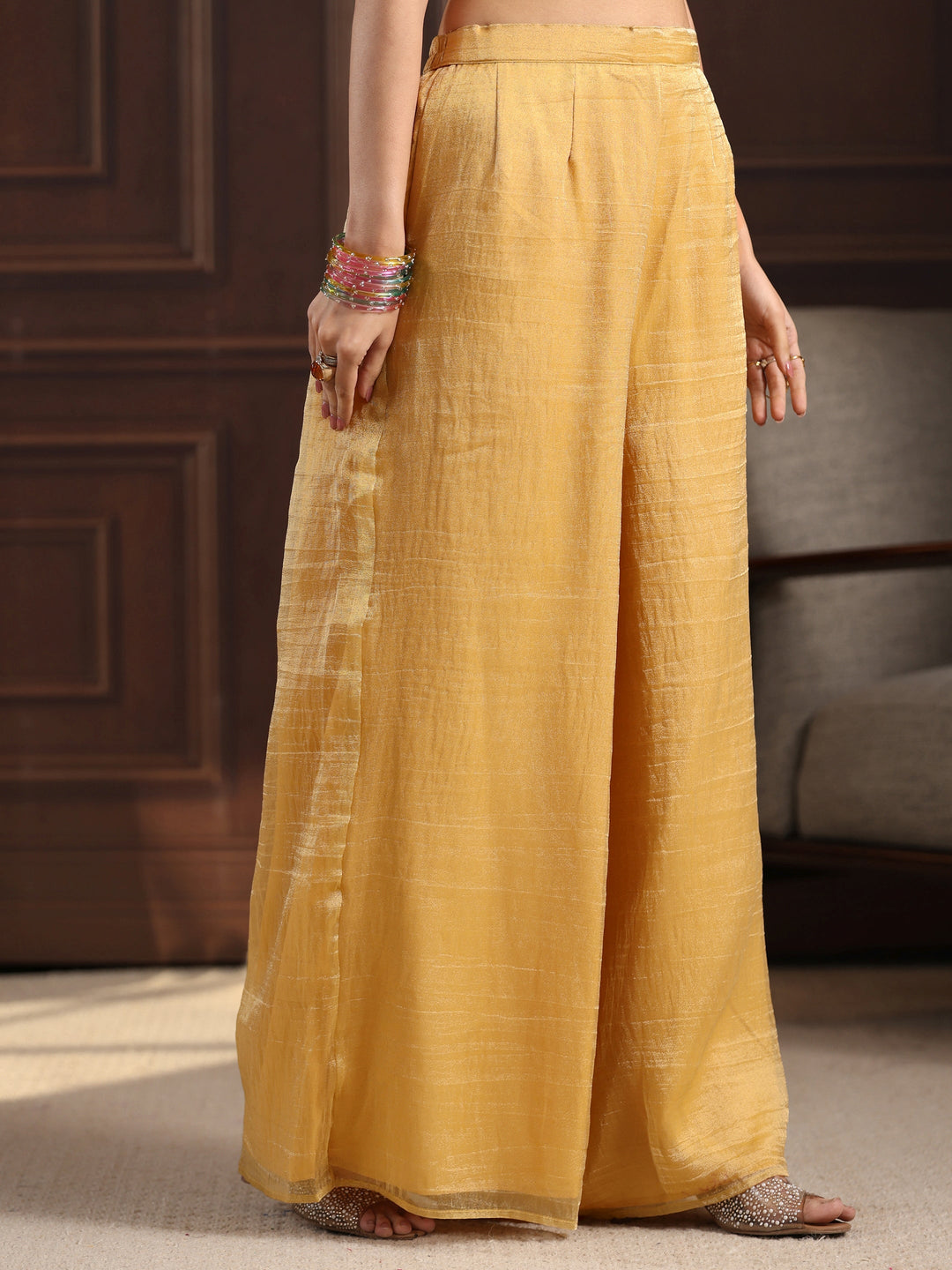 Libas Art Yellow Floral Embroidered Tissue Palazzo Suit Set